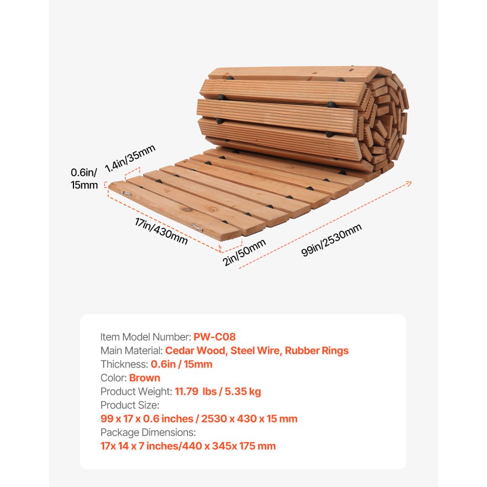 VEVOR Wooden Garden Pathway, 8 ft x 17 in, Non-Slip Curved Garden Walkway, Roll Out Cedar Outdoor Walkway Path with Wire Rope Connection, Decorative Lawn Paver for Backyard Boardwalk Wedding Party