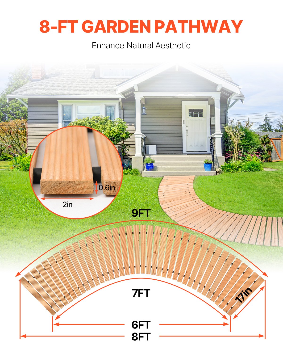 VEVOR Wooden Garden Pathway, 8 ft x 17 in, Non-Slip Curved Garden Walkway, Roll Out Cedar Outdoor Walkway Path with Wire Rope Connection, Decorative Lawn Paver for Backyard Boardwalk Wedding Party