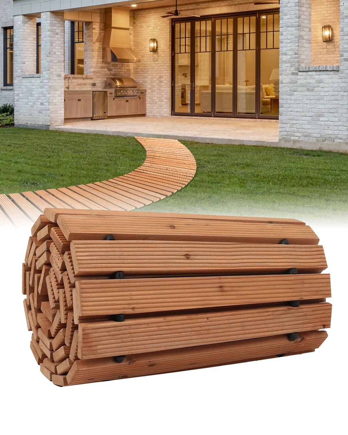 VEVOR Wooden Garden Pathway, 8 ft x 17 in, Non-Slip Curved Garden Walkway, Roll Out Cedar Outdoor Walkway Path with Wire Rope Connection, Decorative Lawn Paver for Backyard Boardwalk Wedding Party