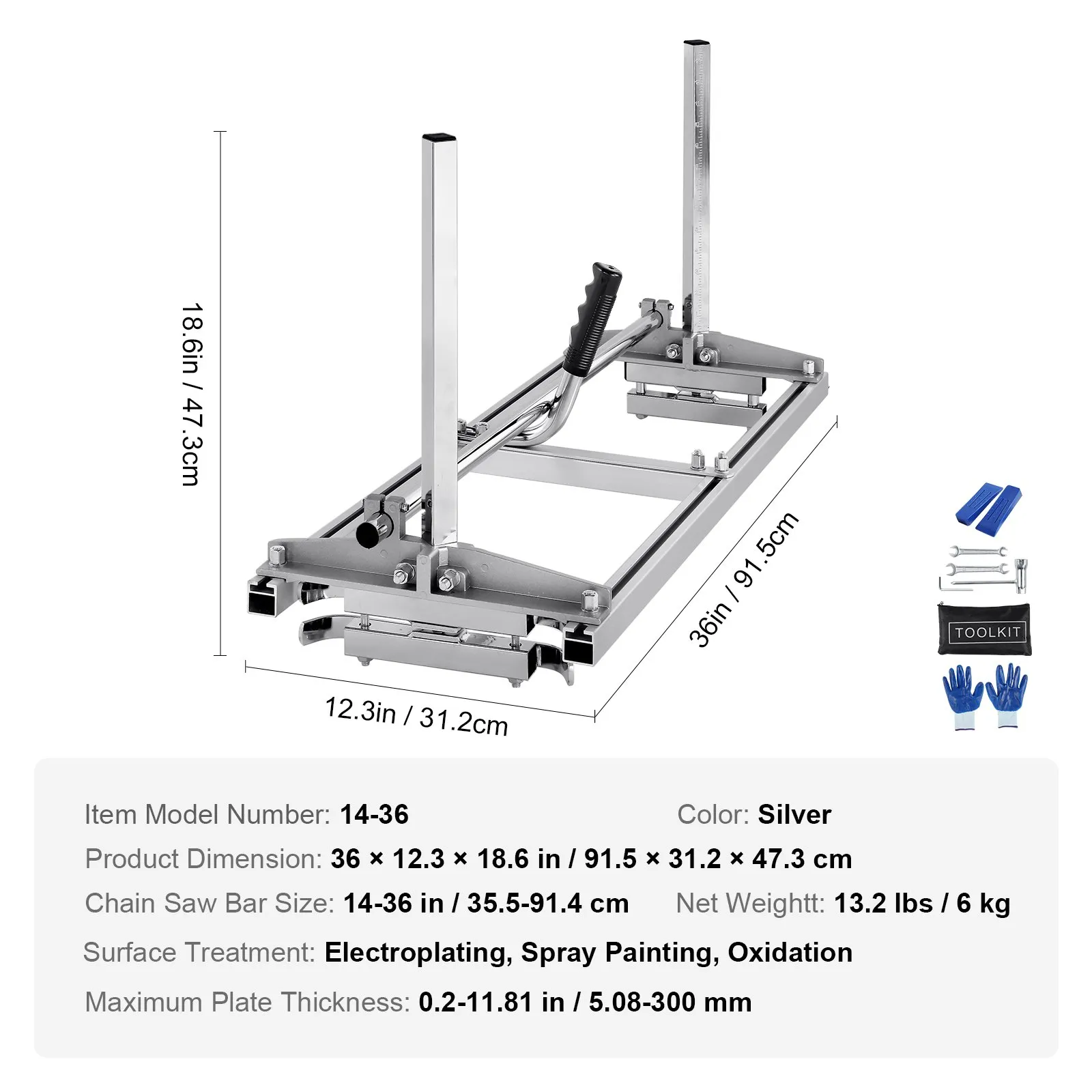 VEVOR Portable Sawmill 14"-36" Guide Bar Galvanized Steel Chainsaw Planking 0.2"-11.81" Thickness, Wood Lumber Cross Cutting Saw Mill for Builders and Woodworkers, Silver