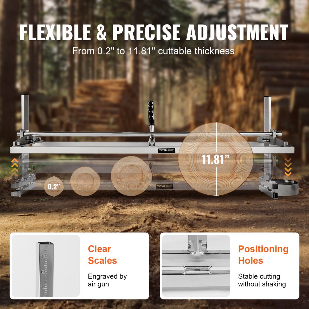 VEVOR chainsaw mill in forest setting, adjustable from 0.2&quot; to 11.81&quot;, clear scales, and positioning holes.
