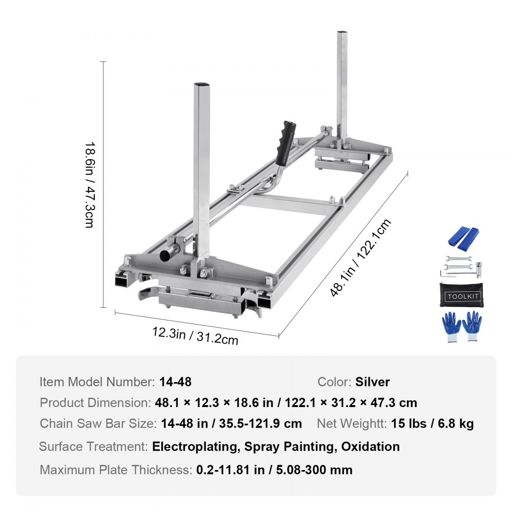 VEVOR chainsaw mill with 48.1x12.3 size, toolkit, gloves, and mounting hardware in silver color.