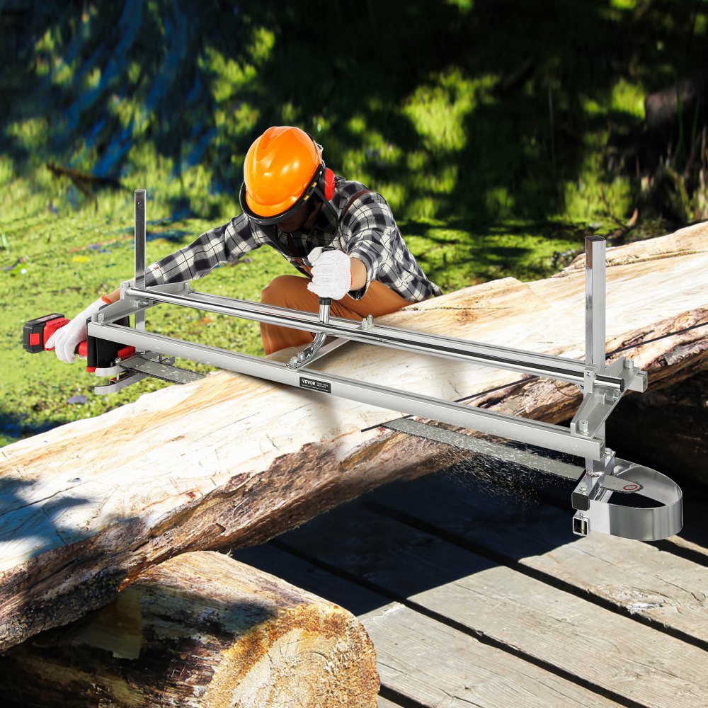 worker using VEVOR chainsaw mill on a large log in a forest setting, wearing orange safety gear.