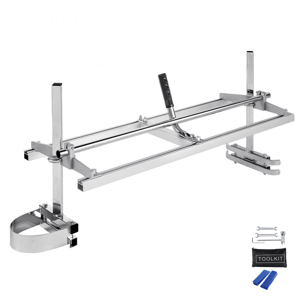 VEVOR chainsaw mill with adjustable frame, black handle, and toolkit for precise lumber cutting.