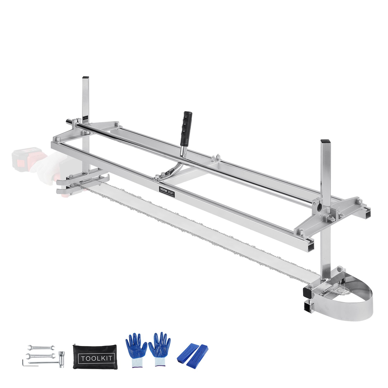 VEVOR chainsaw mill with accessories including gloves, toolkit, and adjustment tools.