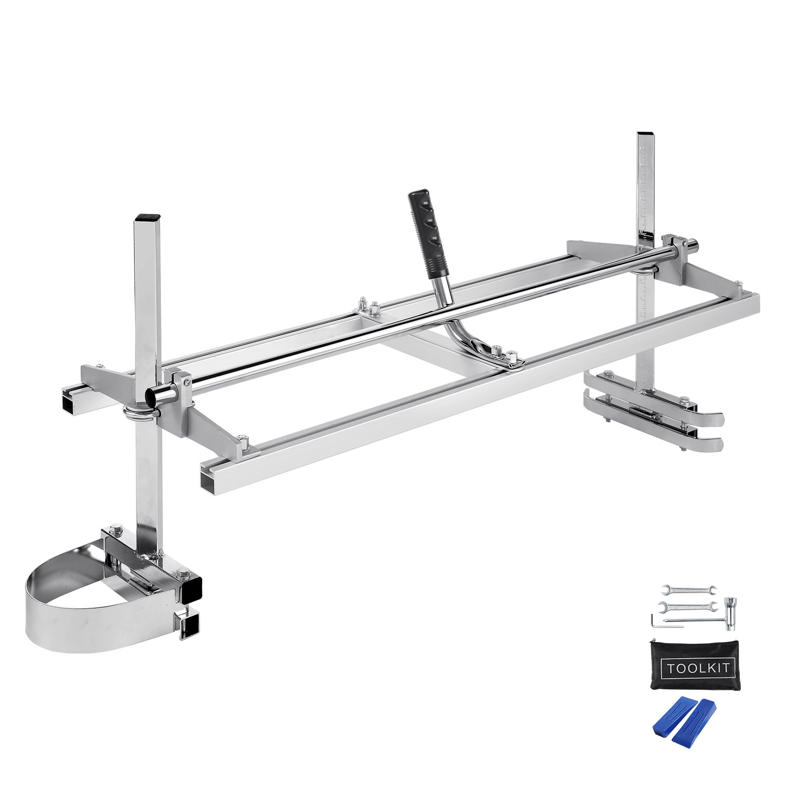 VEVOR chainsaw mill with adjustable frame, black handle, and toolkit for precise lumber cutting.