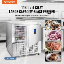 VEVOR 114L kommerciel blæstfryser 5 bakker Blast Chiller Chest Seafood Gelato