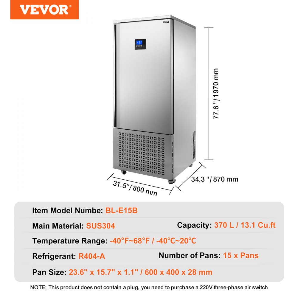 VEVOR Commercial Blast Freezer, 370 L / 13.1 Cu.ft Blast Chiller with 15 Trays, Blast Chiller Freezer Chest with 4 Freezing Modes, Stainless Steel Food Blast Freezer with Casters for Restaurant, Seafood