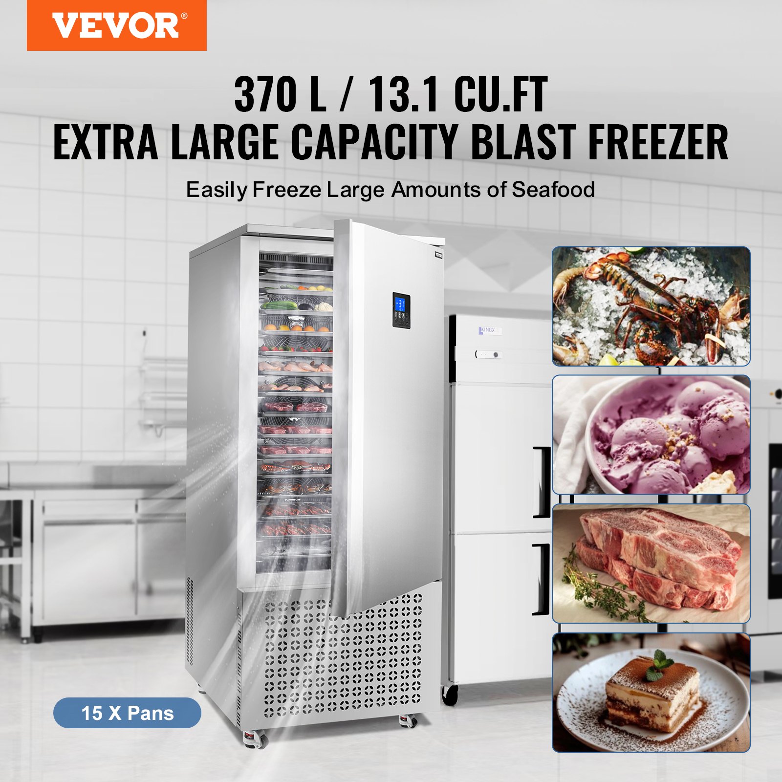 VEVOR Commercial Blast Freezer, 370 L / 13.1 Cu.ft Blast Chiller with 15 Trays, Blast Chiller Freezer Chest with 4 Freezing Modes, Stainless Steel Food Blast Freezer with Casters for Restaurant, Seafood