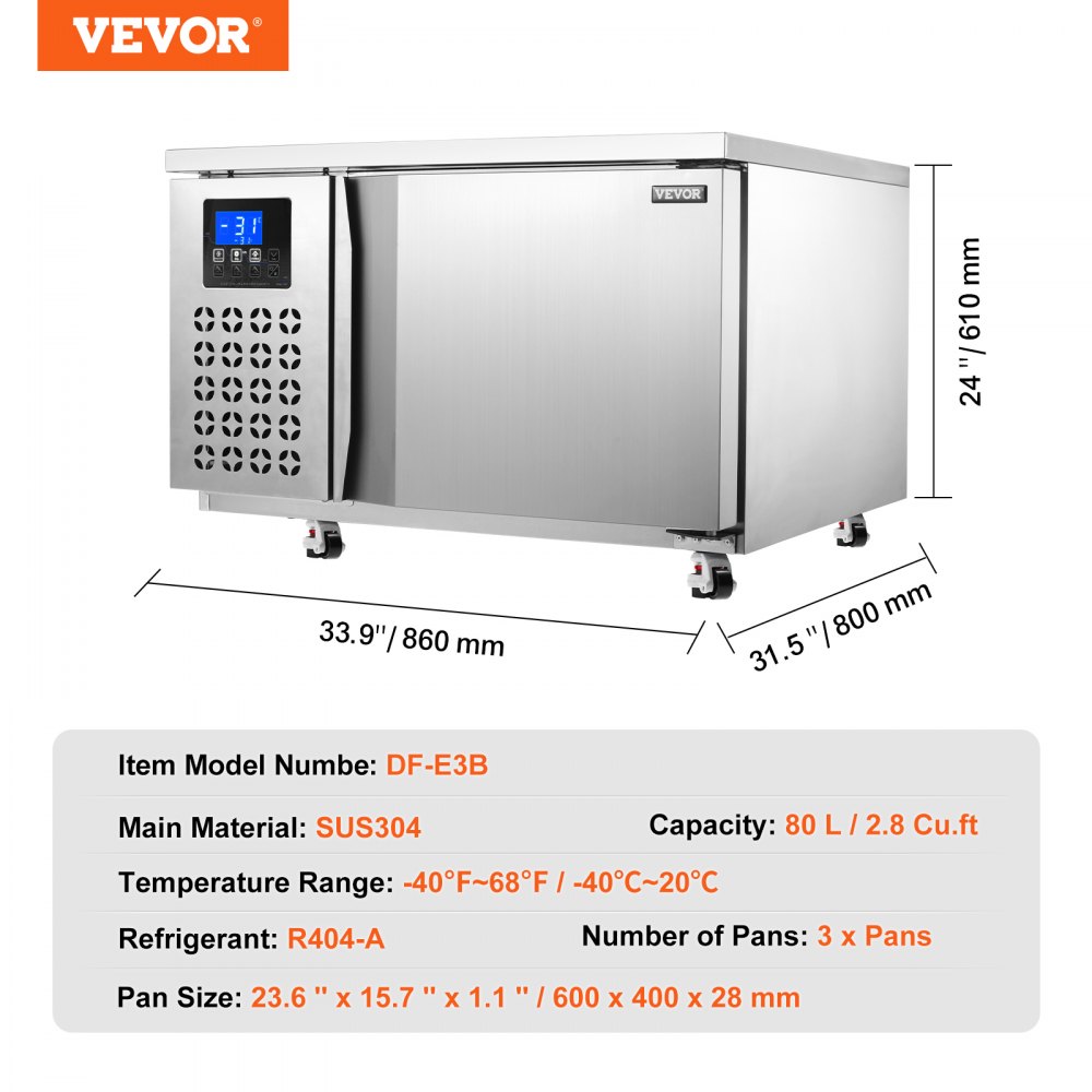 VEVOR Commercial Blast Freezer, 80 L / 2.8 Cu.ft Blast Chiller with 3 Trays, Blast Chiller Freezer Chest with 4 Freezing Modes, Stainless Steel Food Blast Freezer with Casters for Restaurant, Seafood