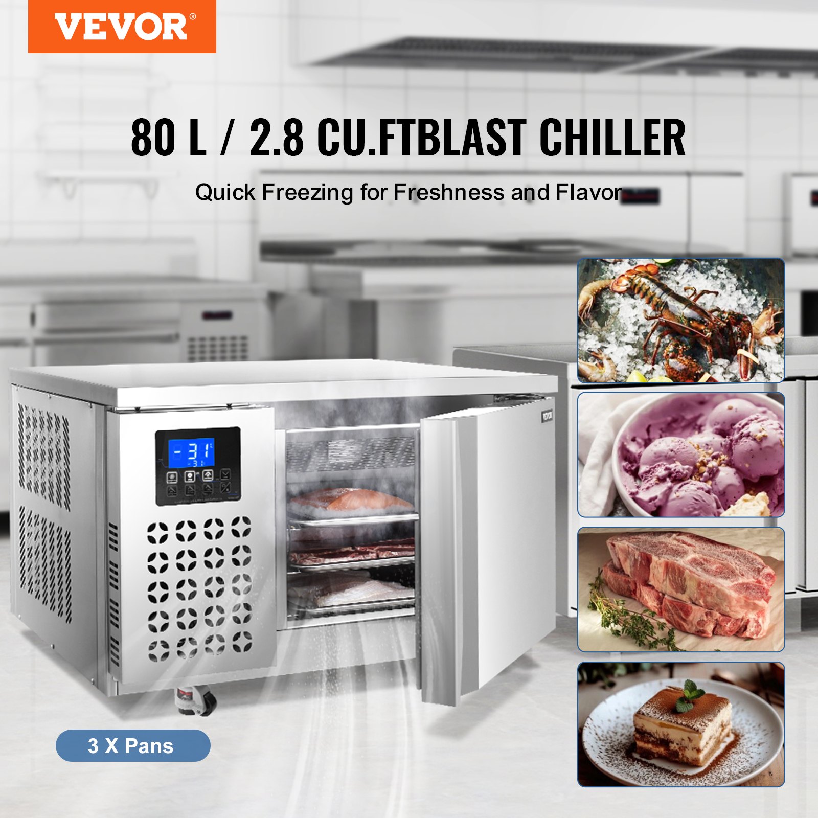 VEVOR Commercial Blast Freezer, 80 L / 2.8 Cu.ft Blast Chiller with 3 Trays, Blast Chiller Freezer Chest with 4 Freezing Modes, Stainless Steel Food Blast Freezer with Casters for Restaurant, Seafood