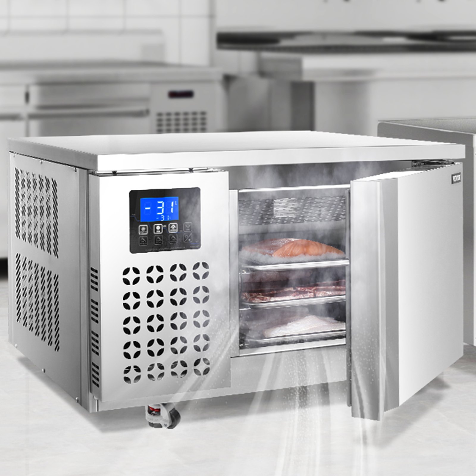 VEVOR Commercial Blast Freezer, 80 L / 2.8 Cu.ft Blast Chiller with 3 Trays, Blast Chiller Freezer Chest with 4 Freezing Modes, Stainless Steel Food Blast Freezer with Casters for Restaurant, Seafood