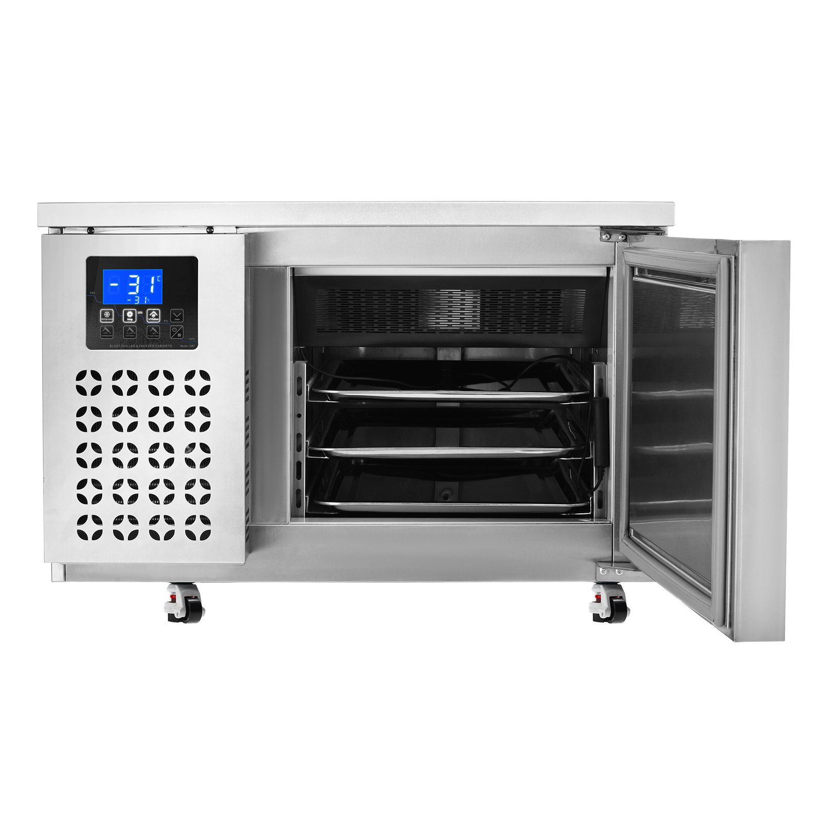VEVOR Commercial Blast Freezer, 80 L / 2.8 Cu.ft Blast Chiller with 3 Trays, Blast Chiller Freezer Chest with 4 Freezing Modes, Stainless Steel Food Blast Freezer with Casters for Restaurant, Seafood