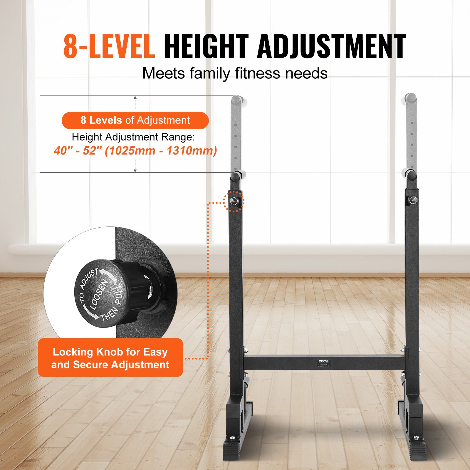 VEVOR dip bar with 8-level height adjustment from 40&quot; to 52&quot; for family fitness.