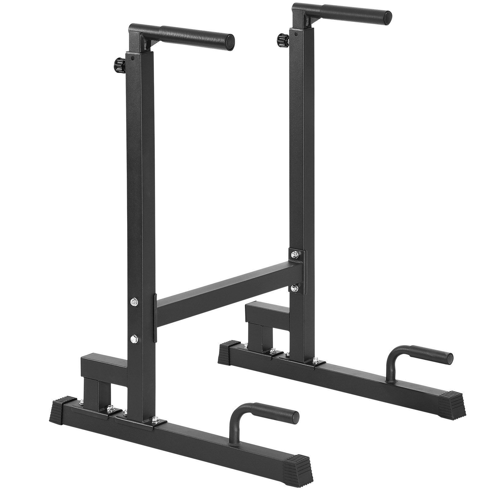 black adjustable VEVOR dip bar with padded handles and sturdy base for home workouts.