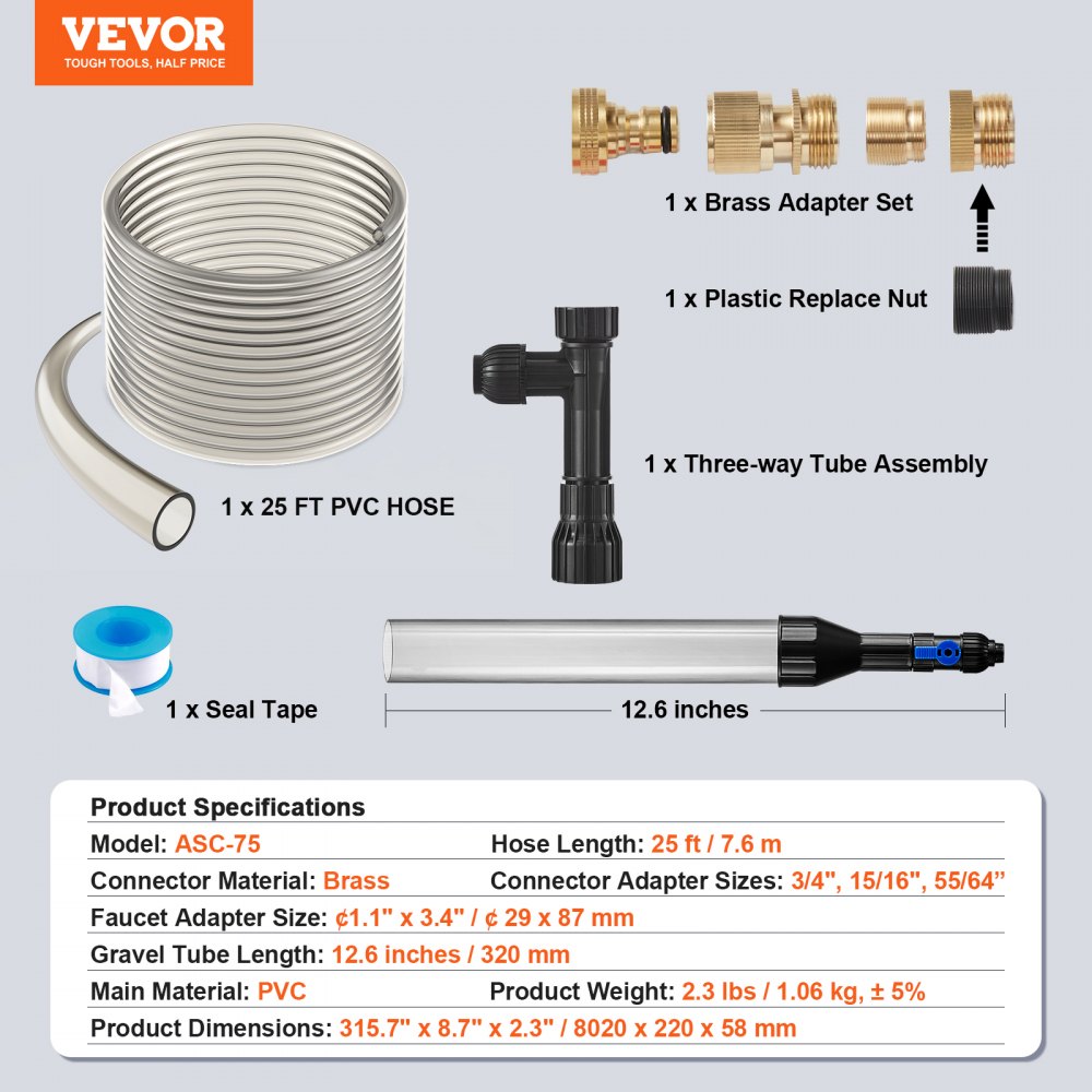 VEVOR Aquarium Vacuum Gravel Cleaner, 25 ft PVC Hose Fish Tank Vacuum Gravel Cleaner, Siphon Fish Tank Cleaner Vacuum, 3 Types of Brass Adapters, for Fish Tank Cleaning Gravel & Sand