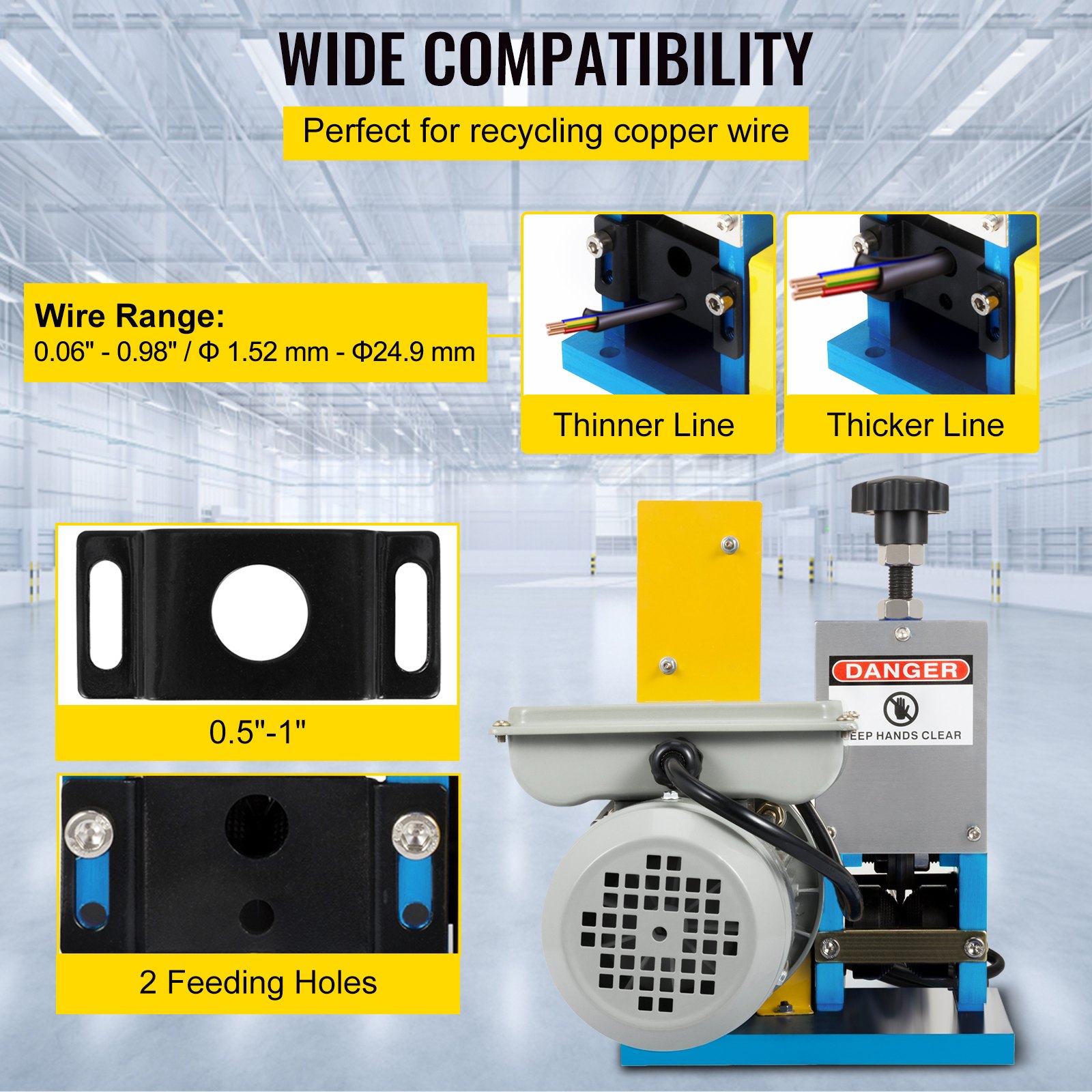 VEVOR Wire Stripping Machine 220V Wire Peeling Cutting Machine Multihole Wire Stripper Electric Cable Wire Stripping Machine (0.06-0.98 inch) with One Extra Blade