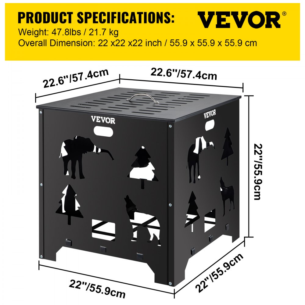 VEVOR Burn Barrel, 22x22x22 inch Burn Cage, Carbon Steel Cage Incinerator, Incinerator Barrel with Lid and Handle for Outdoors