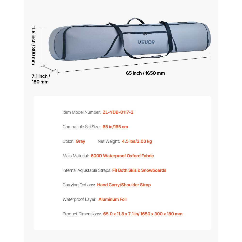 VEVOR Snowboard Bag, Up to 65 in/165 cm, Padded Skis & Snowboards Bag for Air Travel, 600D Waterproof Oxford Fabric, with Adjustable Inner Straps, for Skis Poles Goggles Gloves Helmet Boots (Gray)