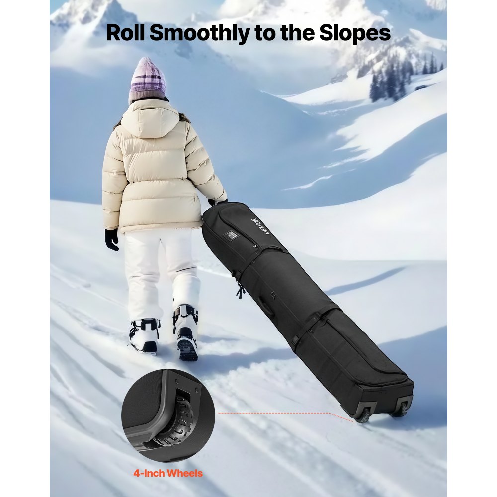 VEVOR Ski Roller Bag, Up to 68.9 in/175 cm, Padded Snowboard Bag with Wheels for Air Travel, 600D Waterproof Oxford Fabric, with Adjustable Straps, for Skis Poles Goggles Gloves Helmet Boots (Black)