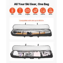 VEVOR Ski Roller Bag, Up to 68.9 in/175 cm, Padded Snowboard Bag with Wheels for Air Travel, 600D Waterproof Oxford Fabric, with Adjustable Straps, for Skis Poles Goggles Gloves Helmet Boots (Black)