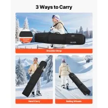 VEVOR Ski Roller Bag, Up to 68.9 in/175 cm, Padded Snowboard Bag with Wheels for Air Travel, 600D Waterproof Oxford Fabric, with Adjustable Straps, for Skis Poles Goggles Gloves Helmet Boots (Black)