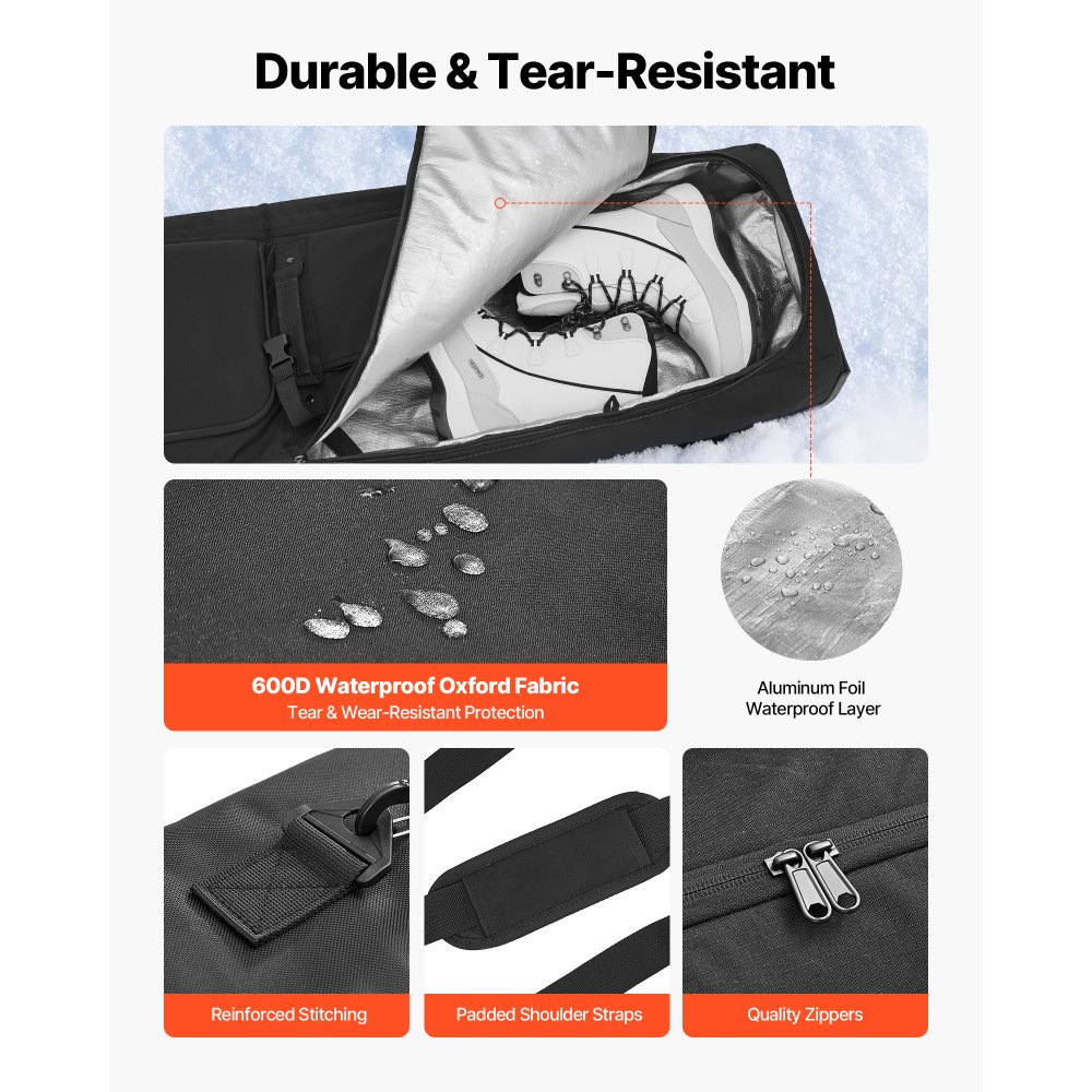 VEVOR Ski Roller Bag, Up to 74.8 in/190 cm, Padded Snowboard Bag with Wheels for Air Travel, 600D Waterproof Oxford Fabric, with Adjustable Straps, for Skis Poles Goggles Gloves Helmet Boots (Black)