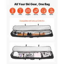 VEVOR Ski Roller Bag, Up to 74.8 in/190 cm, Padded Snowboard Bag with Wheels for Air Travel, 600D Waterproof Oxford Fabric, with Adjustable Straps, for Skis Poles Goggles Gloves Helmet Boots (Black)