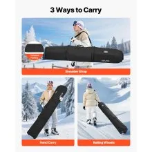 VEVOR Ski Roller Bag, Up to 74.8 in/190 cm, Padded Snowboard Bag with Wheels for Air Travel, 600D Waterproof Oxford Fabric, with Adjustable Straps, for Skis Poles Goggles Gloves Helmet Boots (Black)