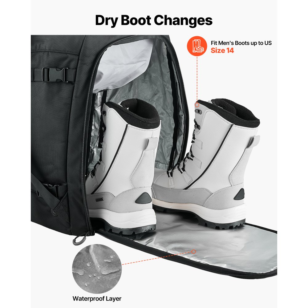 VEVOR Ski Boot Bag, 55L, Snowboard Boots Travel Backpack for Men Women, with Waterproof Exterior & Bottom, Durable 1680D Oxford, Bag for Skis, Snowboard, Helmet, Goggles, Gloves, Accessories (Black)