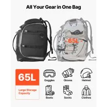 VEVOR Ski Boot Bag, 65L, Snowboard Boots Travel Backpack for Men Women, with Waterproof Exterior & Bottom, Durable 1680D Oxford, Bag for Skis, Snowboard, Helmet, Goggles, Gloves, Accessories (Black).