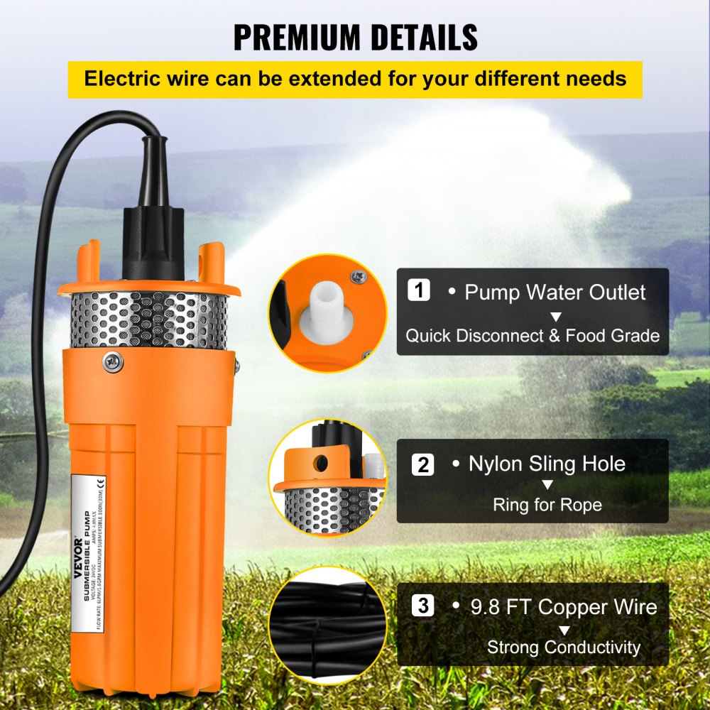 VEVOR Solar Powered Submersible Pump 24V DC Deep Water Well Pump Submersible Water Pump with 3 m 10 ft Cable for Farm Ranch Household