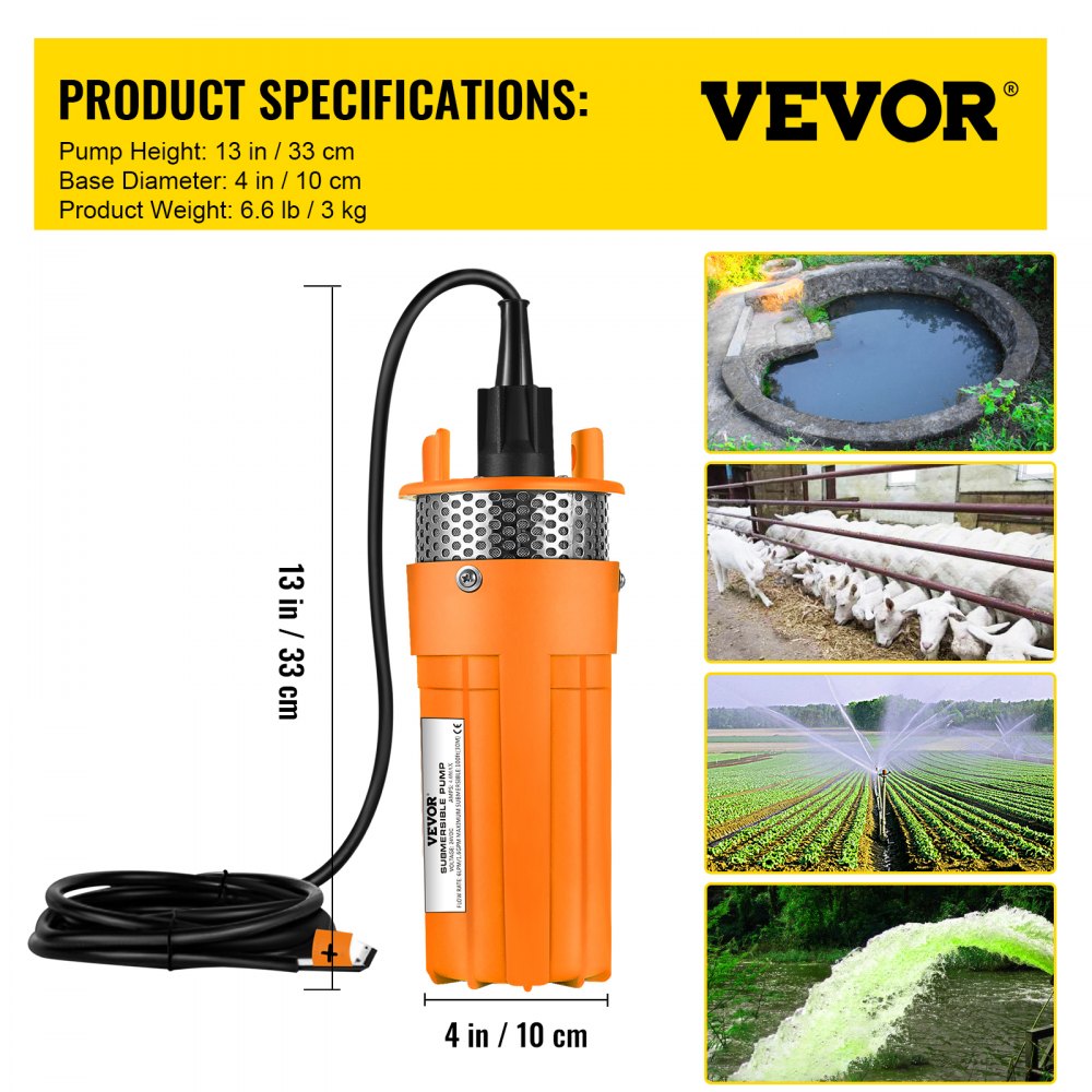 VEVOR Solar Powered Submersible Pump 24V DC Deep Water Well Pump Submersible Water Pump with 3 m 10 ft Cable for Farm Ranch Household