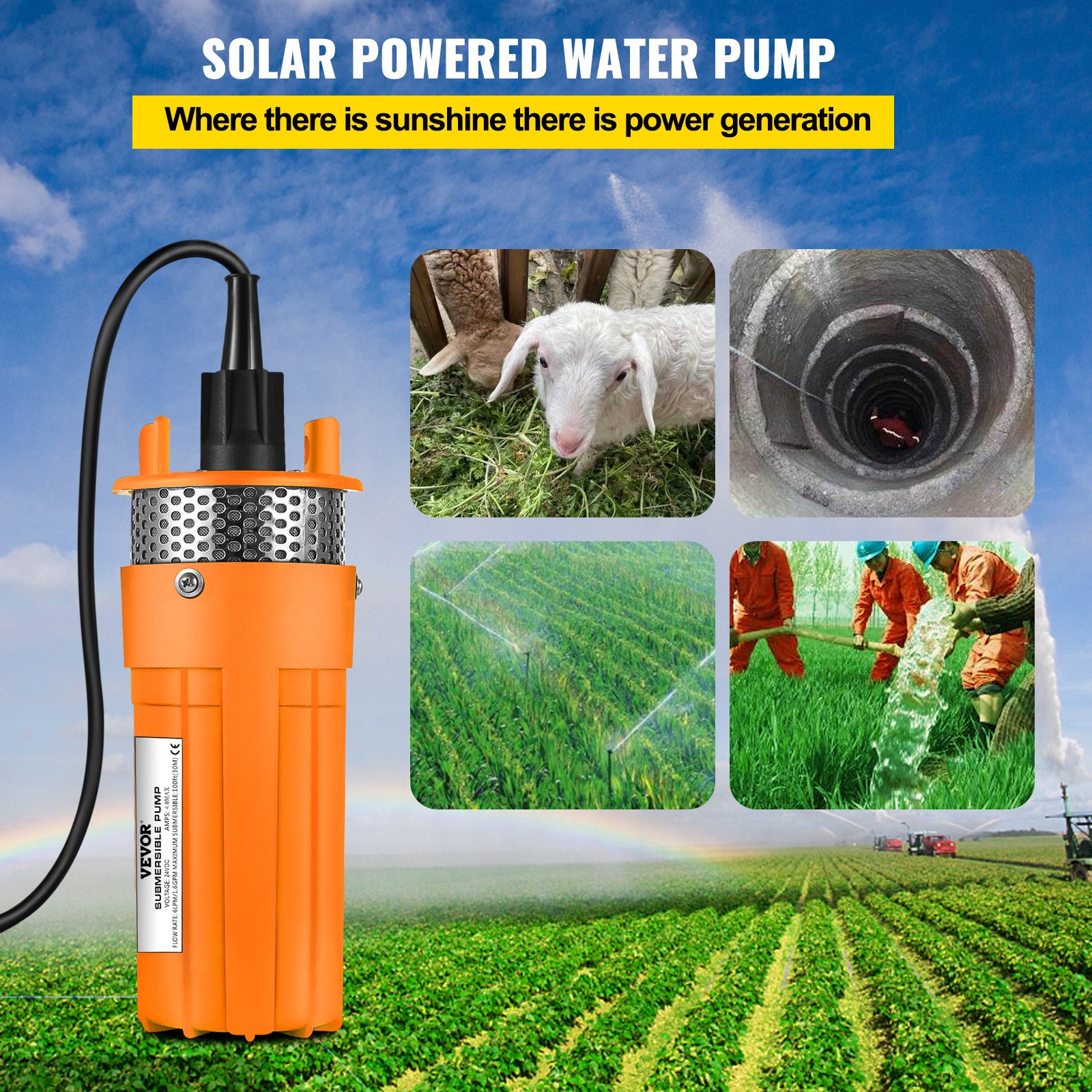 VEVOR Solar Powered Submersible Pump 24V DC Deep Water Well Pump Submersible Water Pump with 3 m 10 ft Cable for Farm Ranch Household