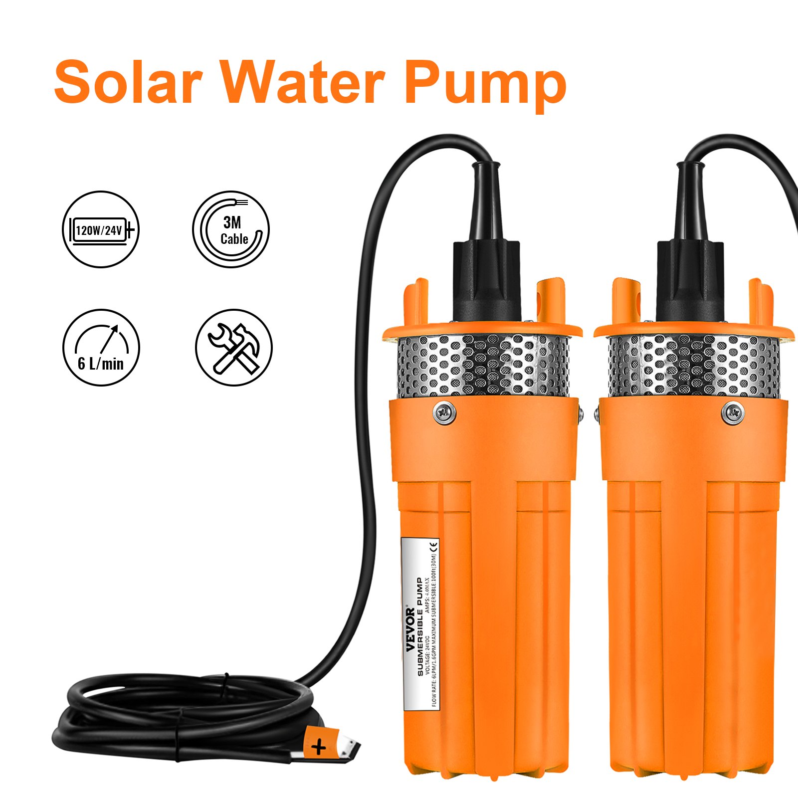 VEVOR Solar Powered Submersible Pump 24V DC Deep Water Well Pump Submersible Water Pump with 3 m 10 ft Cable for Farm Ranch Household