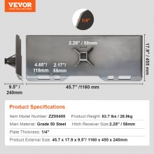 VEVOR 1/4" Skid Steer Attachment Plate, Skid Steer Mount Plate, Quick Attachment Loader Plate, with 2.28" Hitch Receiver, Compatible with Deere, Kubota, Bobcat, Mahindra Skid Steers and Tractors