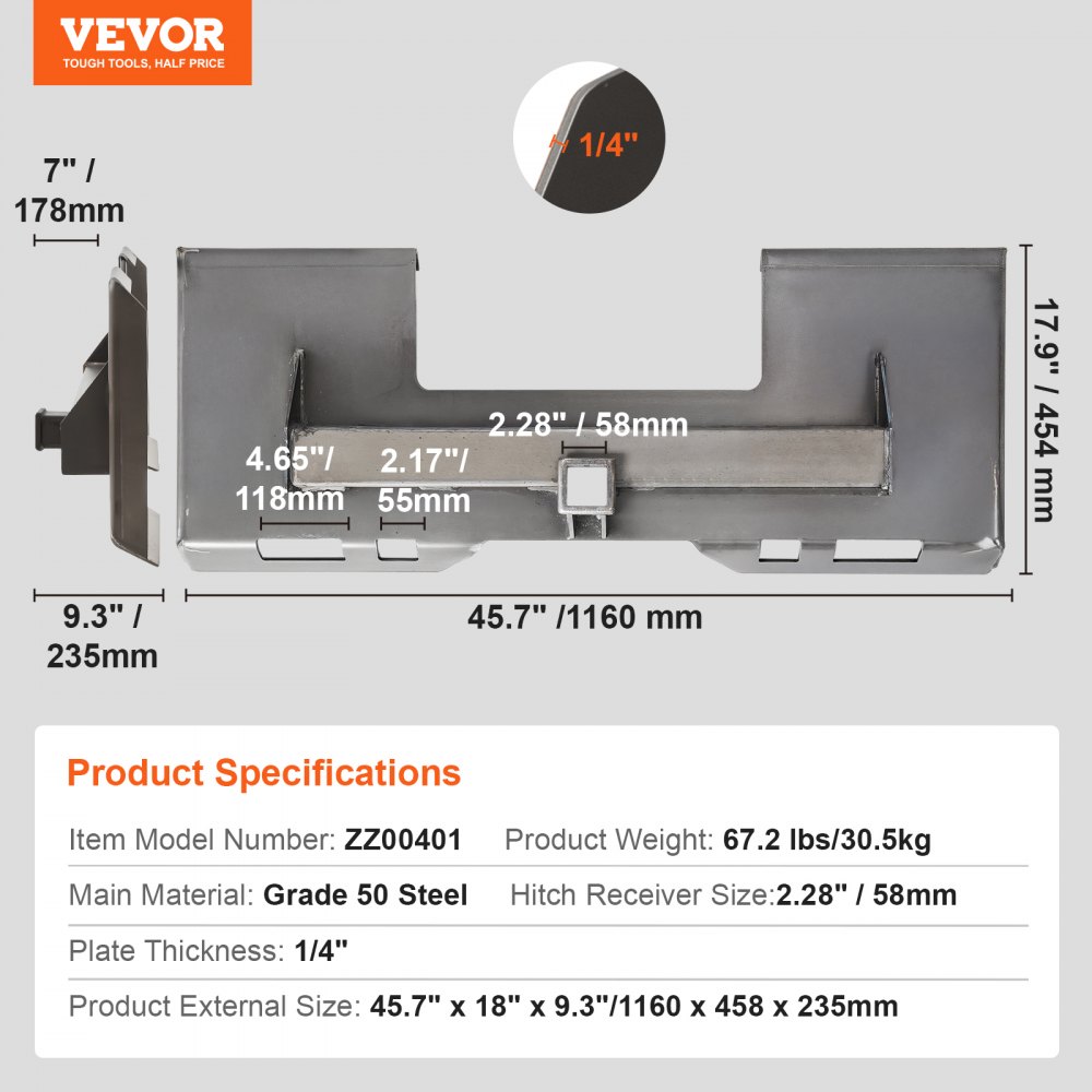 VEVOR 1/4" Skid Steer Attachment Plate, Skid Steer Mount Plate with 2.28" Hitch Receiver, Quick Attachment Loader Plate, Compatible with Deere, Kubota, Bobcat, Mahindra Skid Steers and Tractors