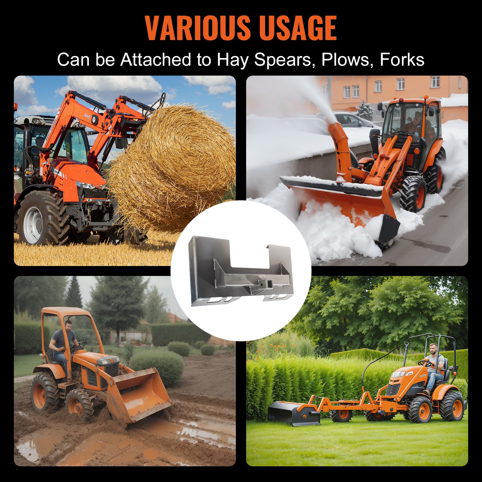 VEVOR 1/4" Skid Steer Attachment Plate, Skid Steer Mount Plate with 2.28" Hitch Receiver, Quick Attachment Loader Plate, Compatible with Deere, Kubota, Bobcat, Mahindra Skid Steers and Tractors