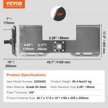 VEVOR 3/8" Skid Steer Attachment Plate, Skid Steer Mount Plate with 2.28" Hitch Receiver, Quick Attachment Loader Plate, Compatible with Deere, Kubota, Bobcat, Mahindra Skid Steers and Tractors