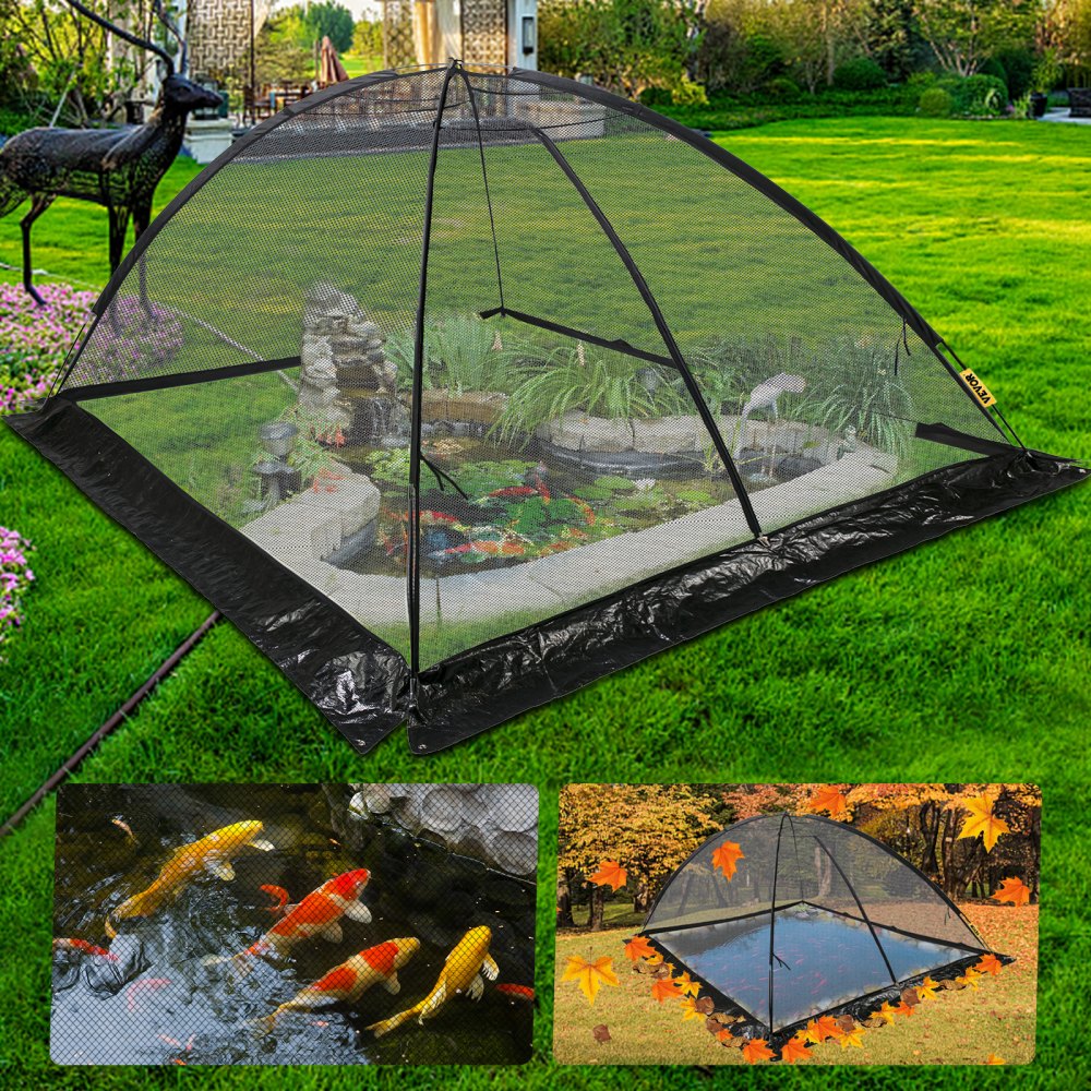 VEVOR pond cover dome protecting a garden pond with koi fish and autumn leaves around it.