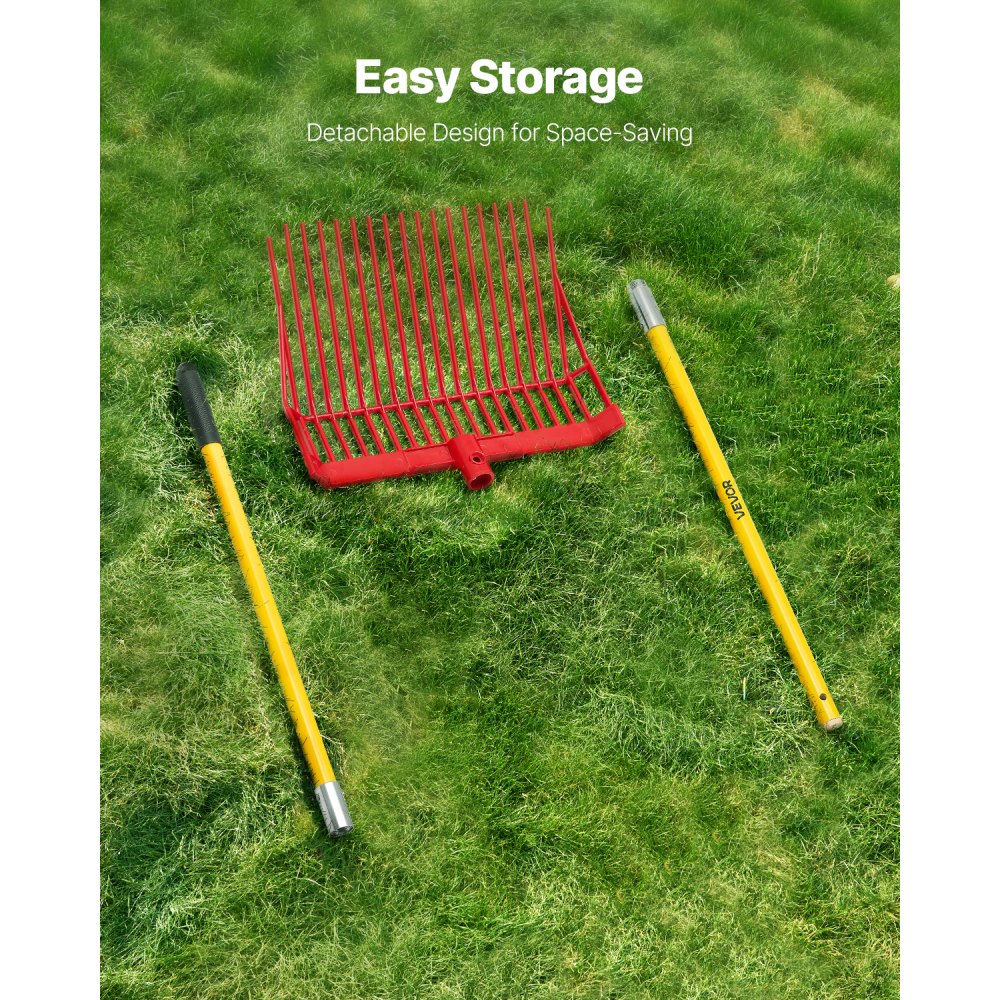 VEVOR Manure Fork, 18 Angled Tines, Horse Manure Rake with Long Fiberglass Handle, 61 in Durable Plastic Pitchfork Muck Rake Tool for Gardening Horse Stall Stable Grass Hay Cleaning Farm Work