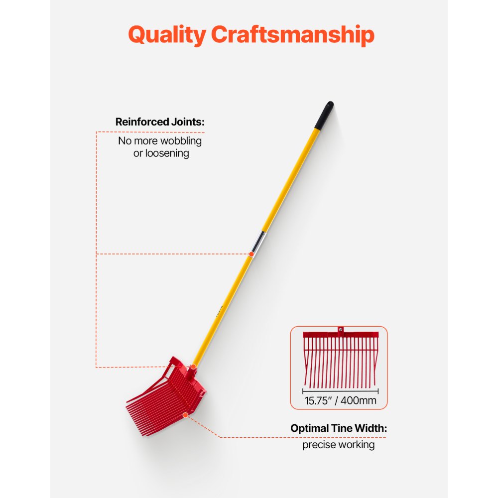 VEVOR Manure Fork, 18 Angled Tines, Horse Manure Rake with Long Fiberglass Handle, 61 in Durable Plastic Pitchfork Muck Rake Tool for Gardening Horse Stall Stable Grass Hay Cleaning Farm Work