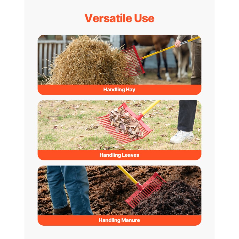 VEVOR Manure Fork, 18 Angled Tines, Horse Manure Rake with Long Fiberglass Handle, 61 in Durable Plastic Pitchfork Muck Rake Tool for Gardening Horse Stall Stable Grass Hay Cleaning Farm Work