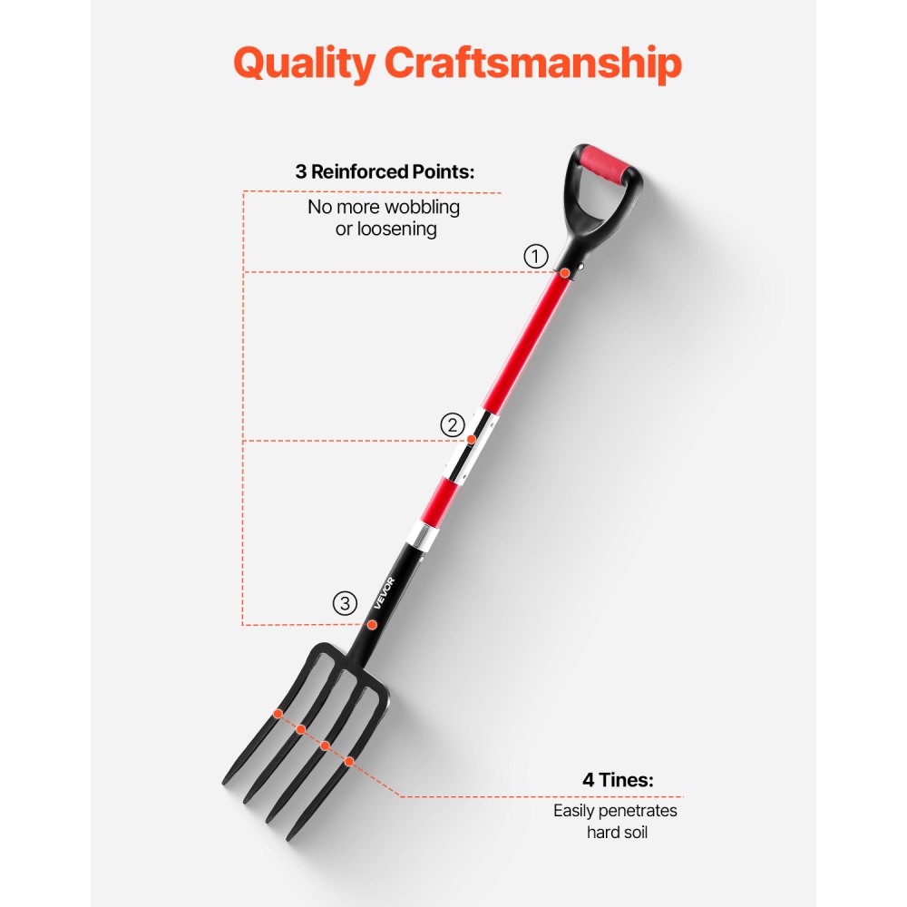 VEVOR Garden Fork, 4-Tine Gardening Pitchfork with Fiberglass Handle, 45 in Heavy Duty Digging Fork with Y Grip, Forged Steel Spading Fork for Hay Potato Composting Transplanting Aeration