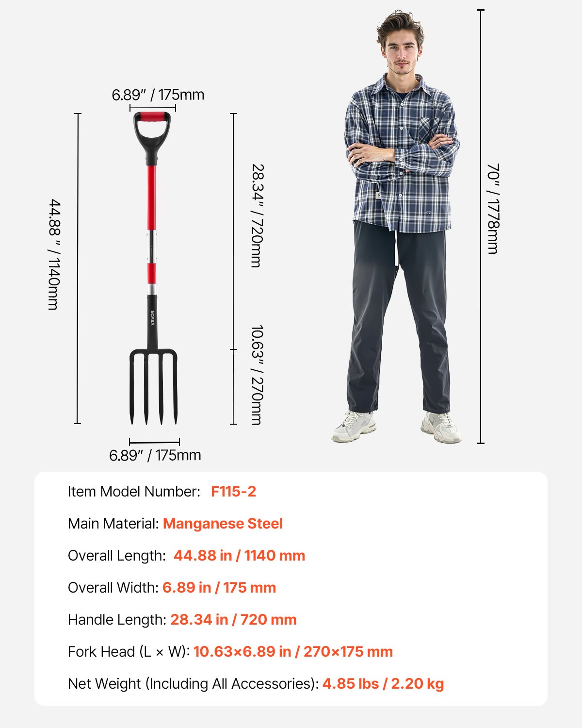 VEVOR Garden Fork, 4-Tine Gardening Pitchfork with Fiberglass Handle, 45 in Heavy Duty Digging Fork with Y Grip, Forged Steel Spading Fork for Hay Potato Composting Transplanting Aeration