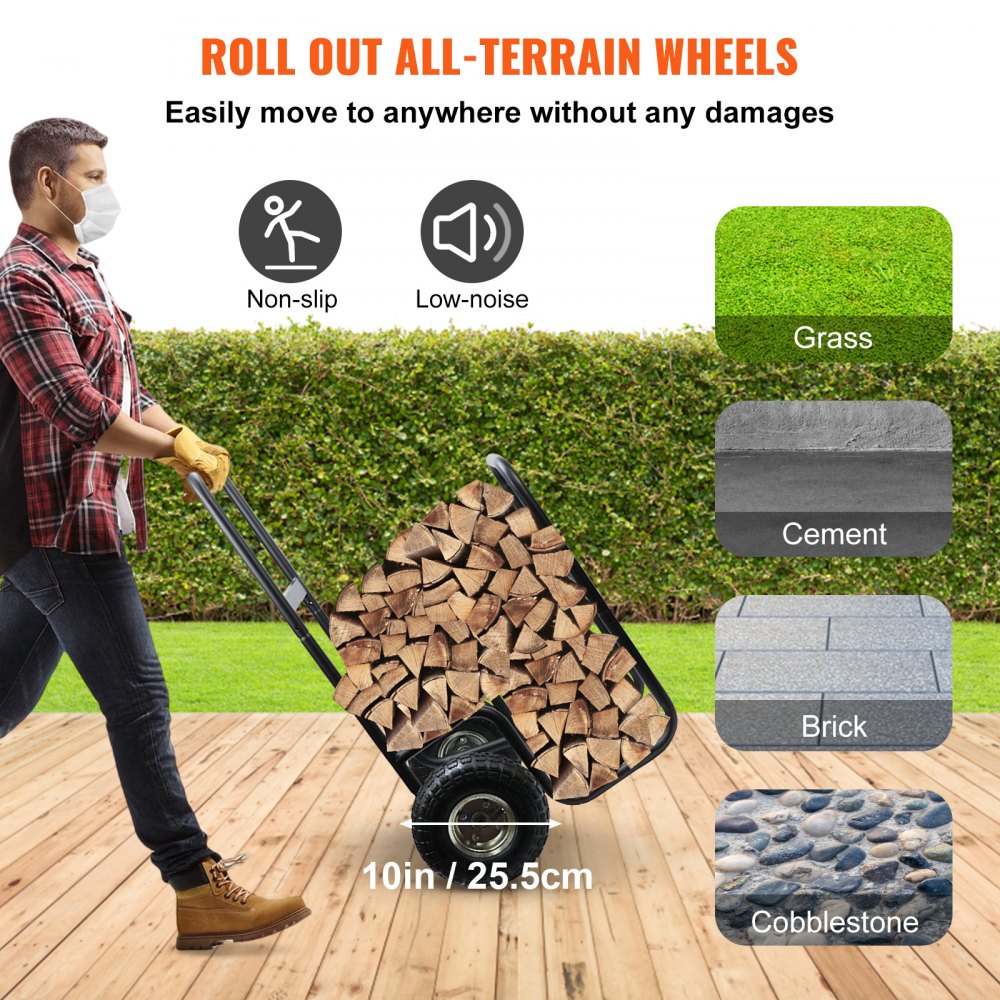VEVOR Firewood Cart, 220 lbs Weight Capacity, Wood Carrier with Wheels, Binding Rope and Water-Proof Tarp, Utility Log Rack for Storage and Move, Dolly Hauler for Indoor and Outdoor Fireplace, Black