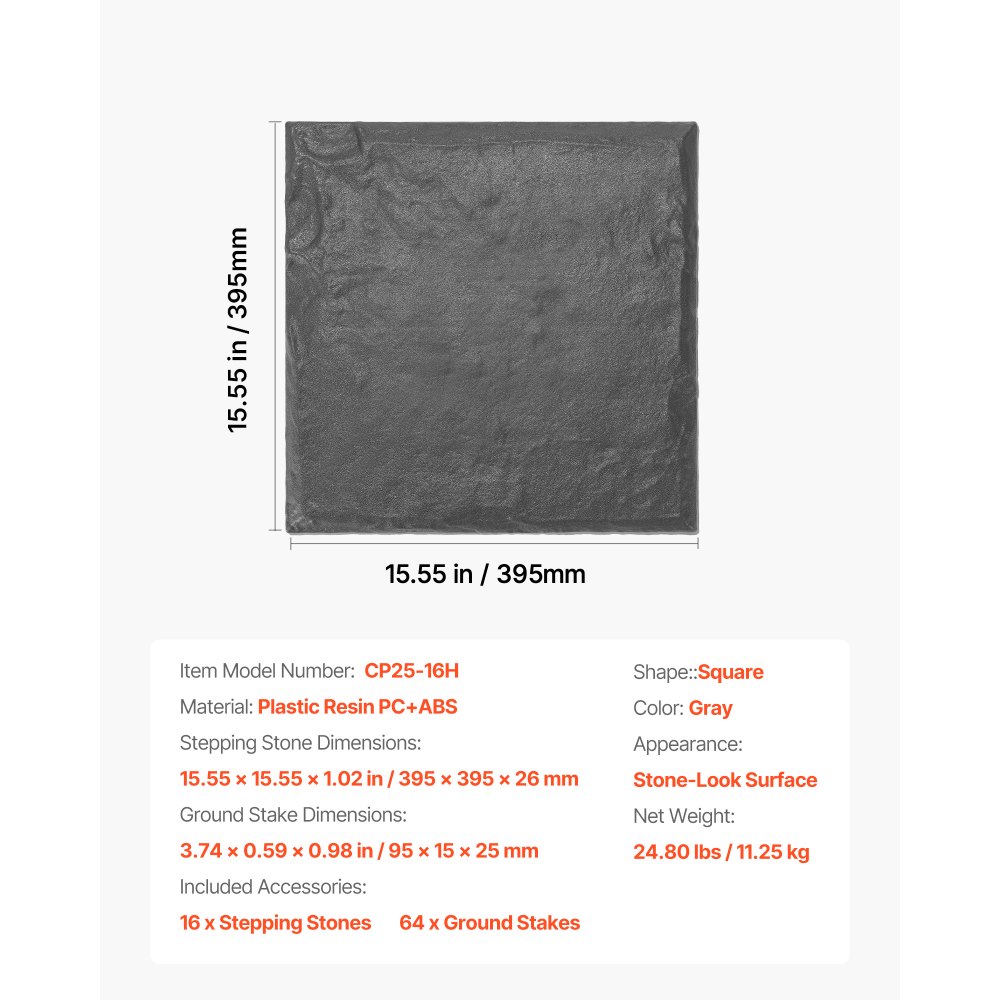 VEVOR Garden Stepping Stones, 16Pcs 39.5x39.5 cm, Decorative Stepping Stones with Stakes, Weather-Resistant Plastic Pathway Pavers, Smooth Surface, Outdoor Walkway for Lawn Patio Landscape, Grey