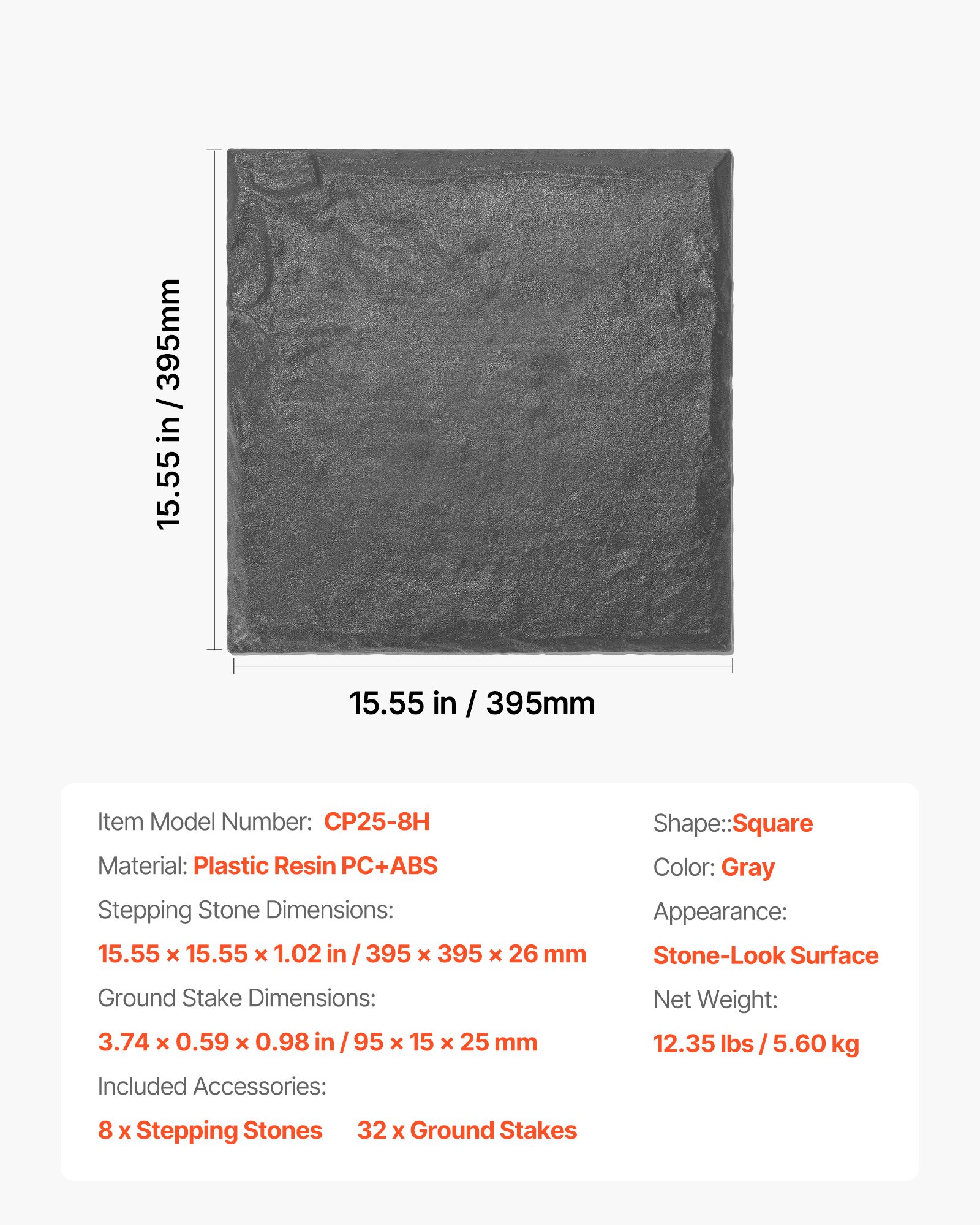 VEVOR Garden Stepping Stones, 8Pcs 39.5x39.5 cm, Decorative Stepping Stones with Stakes, Weather-Resistant Plastic Pathway Pavers, Smooth Surface, Outdoor Walkway for Lawn Patio Landscape, Grey