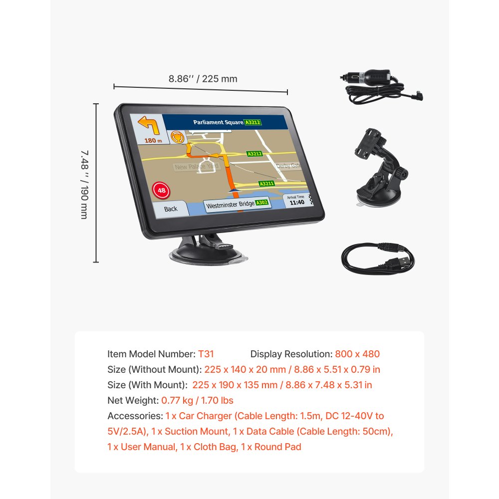 VEVOR GPS Navigator for Car, 9 inch Touch Screen 16GB GPS Navigation System with Lifetime Map Updates, Voice Turn-by-Turn Guidance, Speed and Red Light Warning, Custom Truck Routing, for Car Truck RV