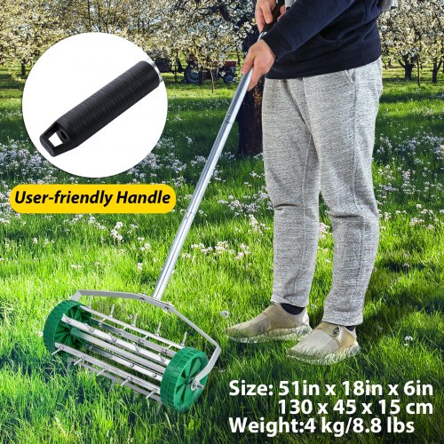 VEVOR Rolling Lawn, 51" L x 18" W, Steel Push Roller with Adjustable Handle, Grass Tool with Tine Spikes, Aeration Machine for Garden, Yard, Cropland to Loose Soil, Green
